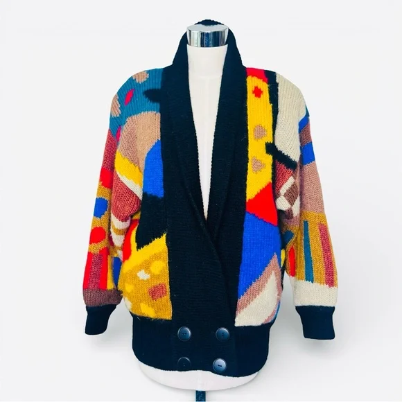 Vintage 80's Colorful Abstract Geometric Cardigan Women's Sweater O/S - Picture 2 of 6